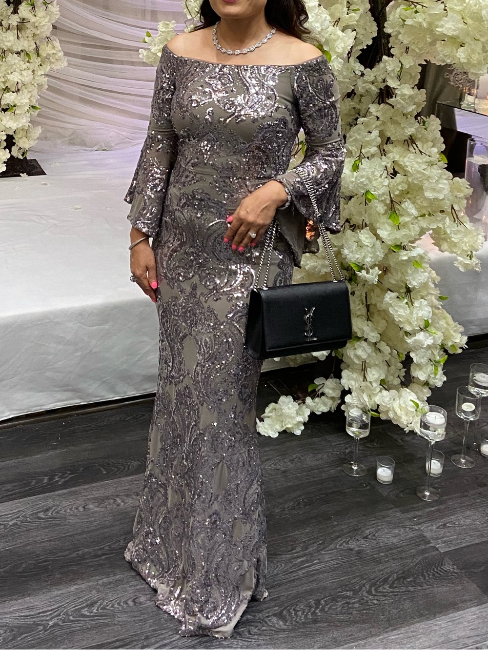 Sequin Off-Shoulder Evening Gown in Silver-Gray - Betsy Johnson